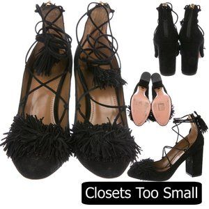 Aquazzura Black Suede Fringe Lace Up Pumps